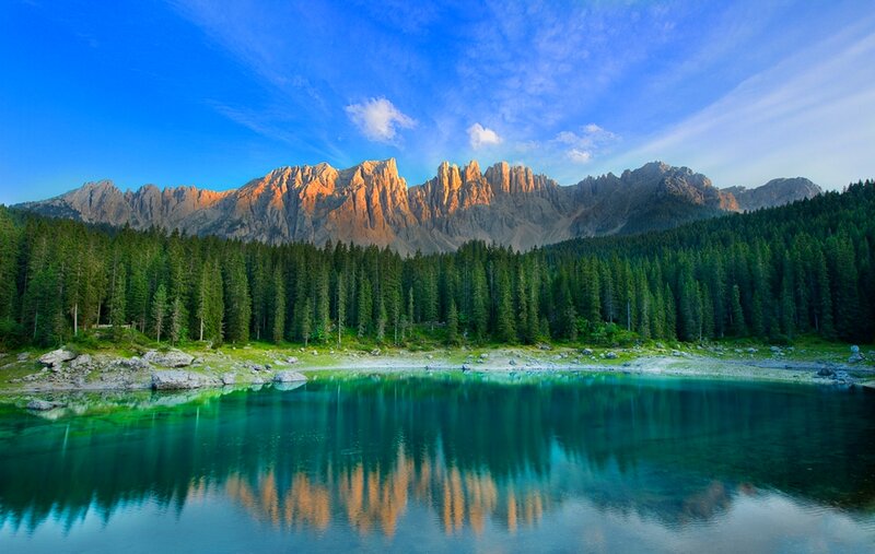 Mountain Lake Reflection — Blue, Serene, Sunset, Photograph, Forest, Mountains