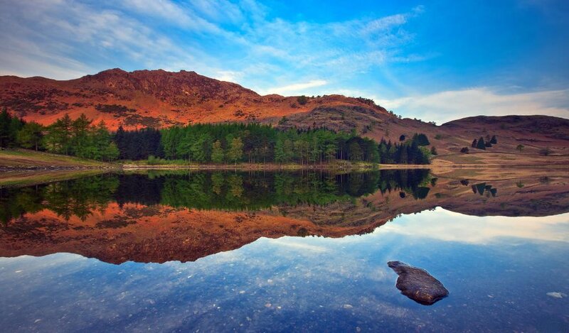 Mountain Lake Reflection — Blue, Serene, Sunset, Photograph, Forest, Rock