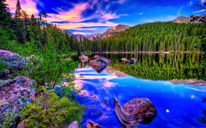 Mountain Lake Reflection — Blue, Serene, Sunset, Photograph, Forest, Rocks, Sky