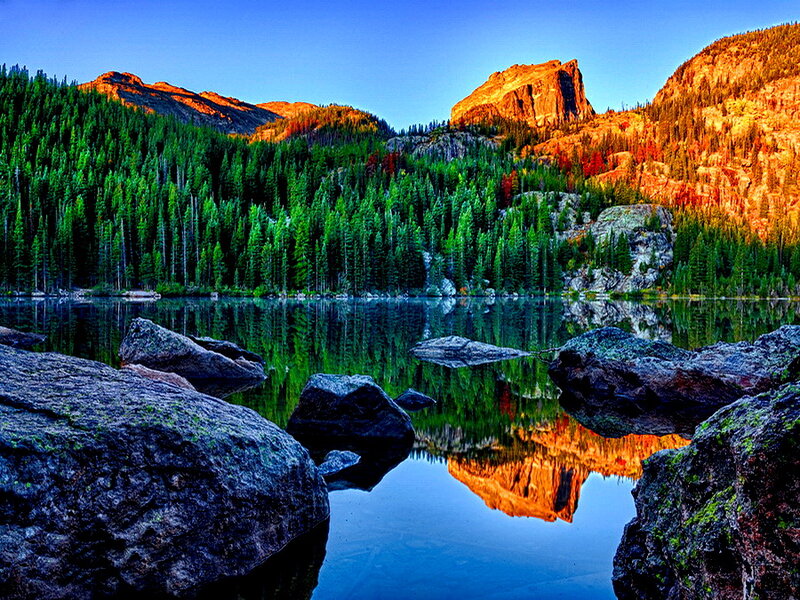 Mountain Lake Reflection — Blue, Serene, Sunset, Photograph, Forest, Rocks