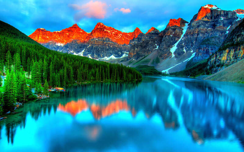 Mountain Lake Reflection — Blue, Serene, Sunset, Photograph, Forest, Snow