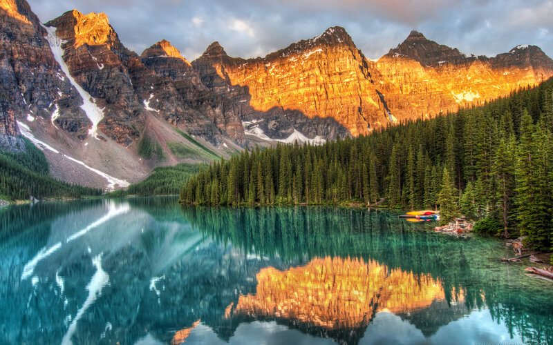 Mountain Lake Reflection — Blue, Serene, Sunset, Photograph, Forests, Snow