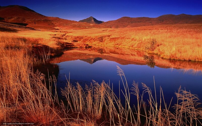 Mountain Lake Reflection — Blue, Serene, Sunset, Photograph, Grass