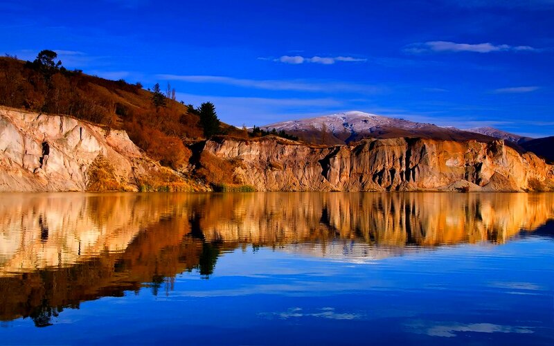Mountain Lake Reflection — Blue, Serene, Sunset, Photograph, Mountains, Cliffs