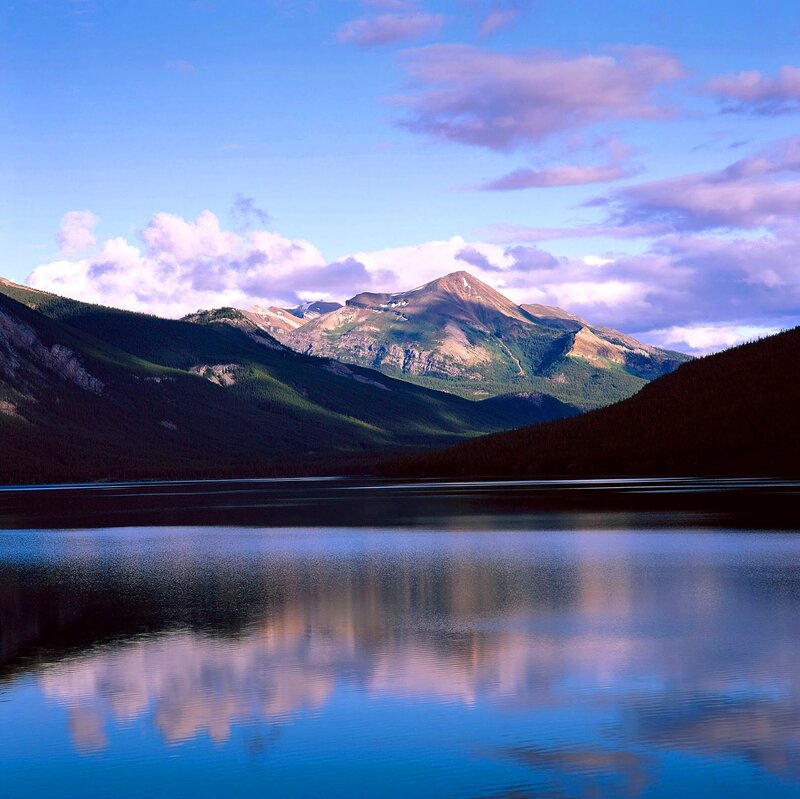 Mountain Lake Reflection — Blue, Serene, Sunset, Photograph, Mountains, Clouds, Forest