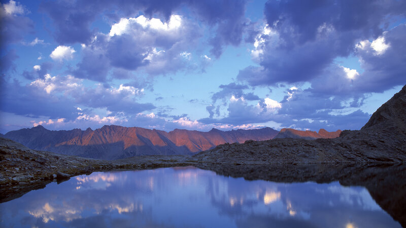Mountain Lake Reflection — Blue, Serene, Sunset, Photograph, Mountains, Clouds, Sky