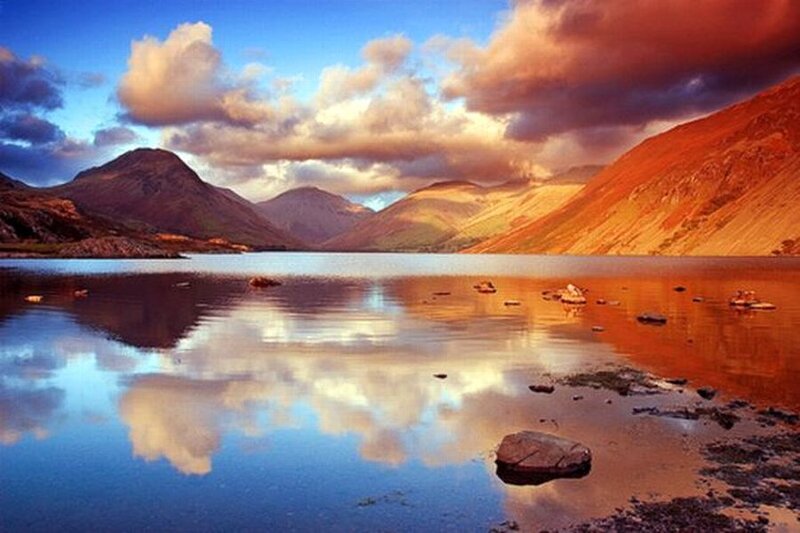 Mountain Lake Reflection — Blue, Serene, Sunset, Photograph, Mountains, Clouds