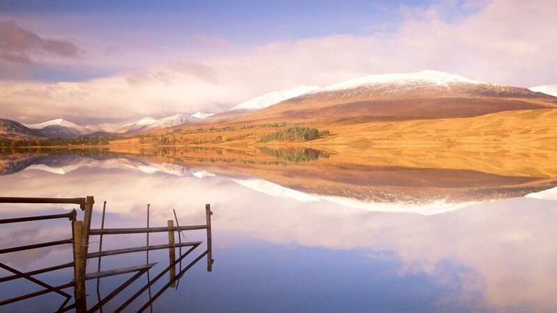 Mountain Lake Reflection — Blue, Serene, Sunset, Photograph, Mountains, Dock