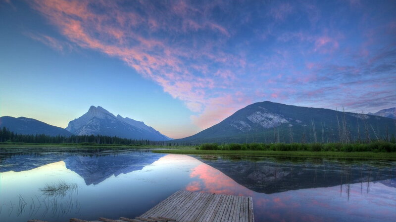 Mountain Lake Reflection — Blue, Serene, Sunset, Photograph, Mountains, Dock, Trees