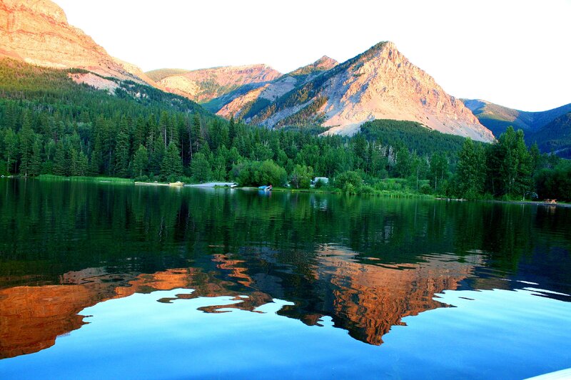 Mountain Lake Reflection — Blue, Serene, Sunset, Photograph, Mountains, Forest, Boats