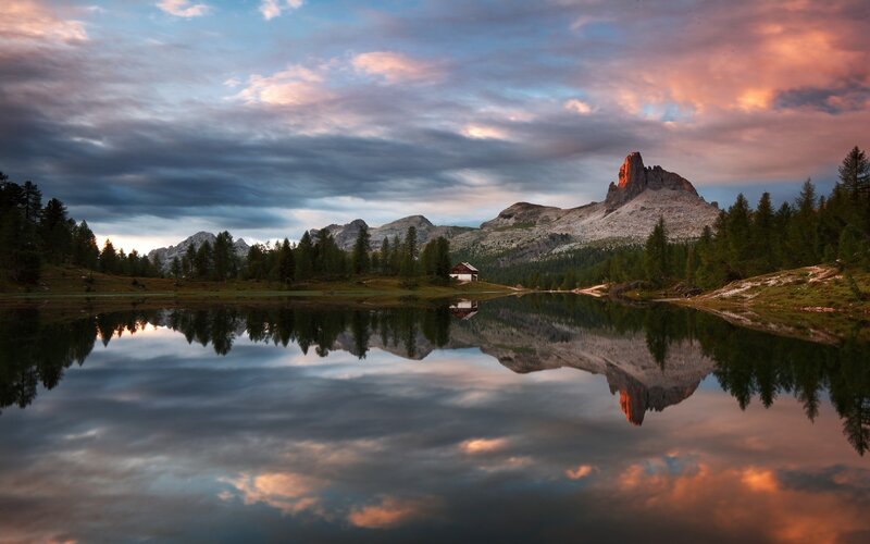 Mountain Lake Reflection — Blue, Serene, Sunset, Photograph, Mountains, Forest, Cabin, Clouds