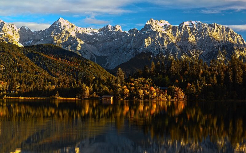 Mountain Lake Reflection — Blue, Serene, Sunset, Photograph, Mountains, Forest, Cabin
