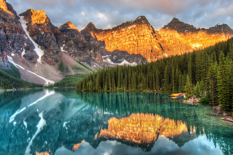 Mountain Lake Reflection — Blue, Serene, Sunset, Photograph, Mountains, Forest, Canoes, Snow