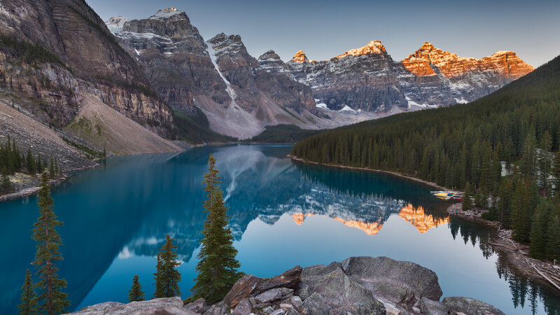 Mountain Lake Reflection — Blue, Serene, Sunset, Photograph, Mountains, Forest, Canoes, Trees