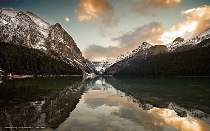 Mountain Lake Reflection — Blue, Serene, Sunset, Photograph, Mountains, Forest, Clouds