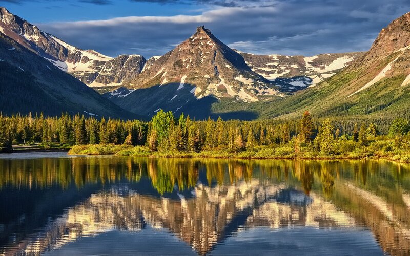 Mountain Lake Reflection — Blue, Serene, Sunset, Photograph, Mountains, Forest, Green, Brown