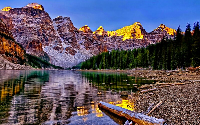 Mountain Lake Reflection — Blue, Serene, Sunset, Photograph, Mountains, Forest, Log