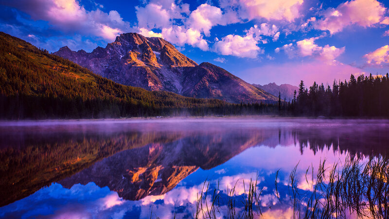 Mountain Lake Reflection — Blue, Serene, Sunset, Photograph, Mountains, Forest, Mist