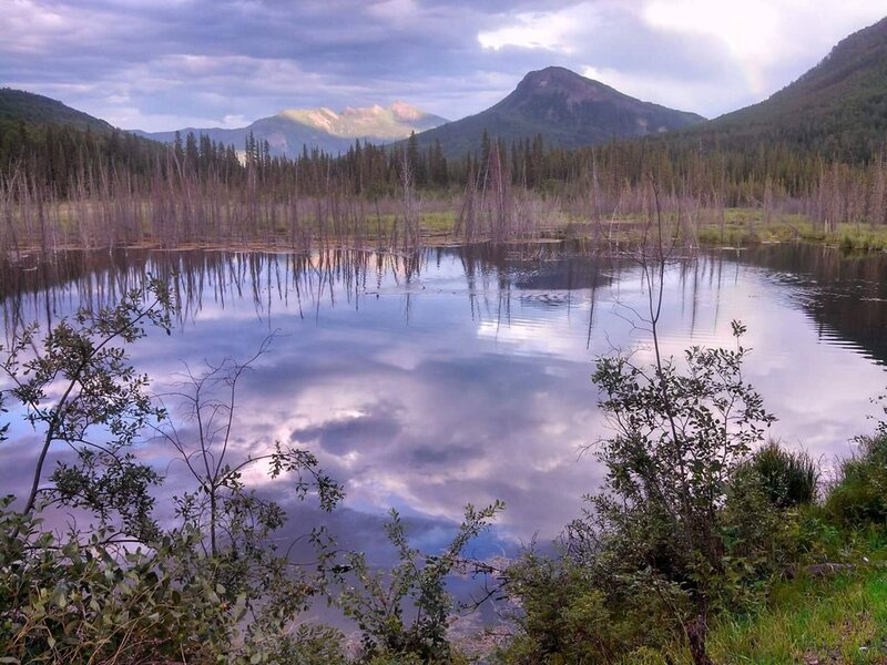 Mountain Lake Reflection — Blue, Serene, Sunset, Photograph, Mountains, Forest, Rainbow