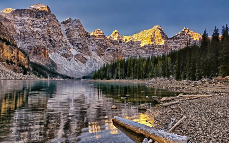 Mountain Lake Reflection — Blue, Serene, Sunset, Photograph, Mountains, Forest, Rocks