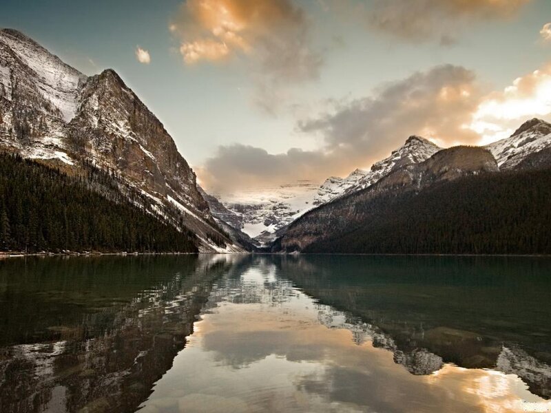 Mountain Lake Reflection — Blue, Serene, Sunset, Photograph, Mountains, Forest, Sky, Clouds