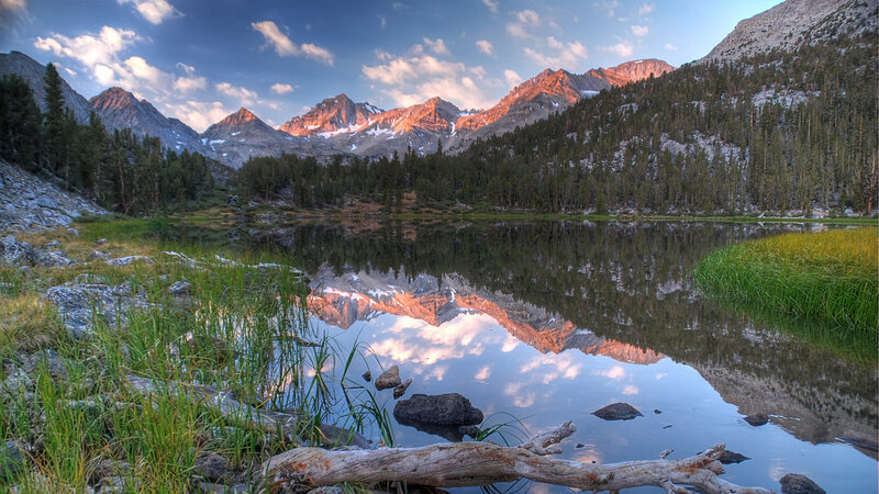 Mountain Lake Reflection — Blue, Serene, Sunset, Photograph, Mountains, Forest, Sky, Driftwood