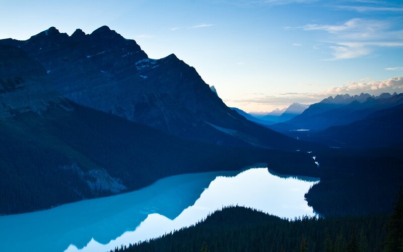 Mountain Lake Reflection — Blue, Serene, Sunset, Photograph, Mountains, Forest, Sky, Green, White