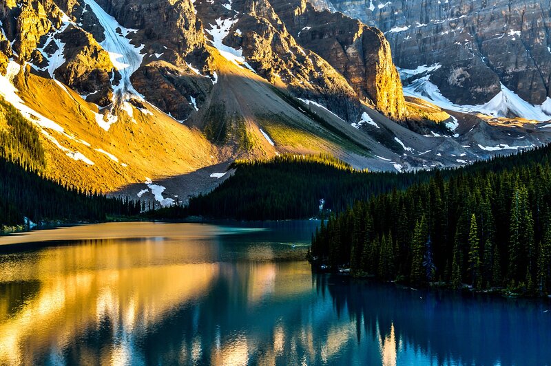 Mountain Lake Reflection — Blue, Serene, Sunset, Photograph, Mountains, Forest, Snow