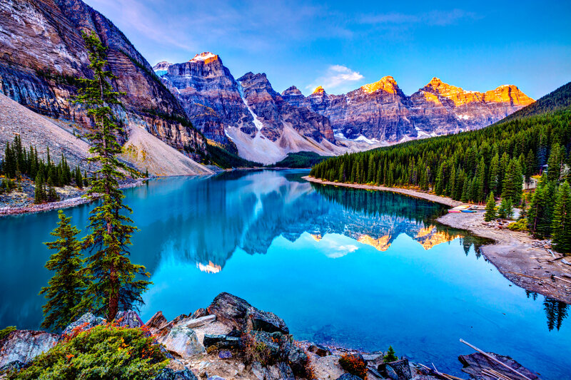 Mountain Lake Reflection — Blue, Serene, Sunset, Photograph, Mountains, Forest, Trees
