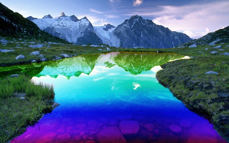 Mountain Lake Reflection — Blue, Serene, Sunset, Photograph, Mountains, Glacier