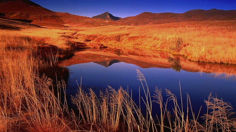 Mountain Lake Reflection — Blue, Serene, Sunset, Photograph, Mountains, Grass, River