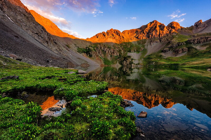 Mountain Lake Reflection — Blue, Serene, Sunset, Photograph, Mountains, Grass, Sky