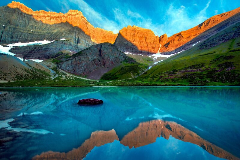 Mountain Lake Reflection — Blue, Serene, Sunset, Photograph, Mountains, Rock