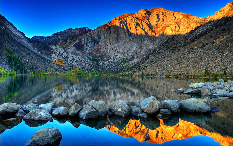 Mountain Lake Reflection — Blue, Serene, Sunset, Photograph, Mountains, Rocks