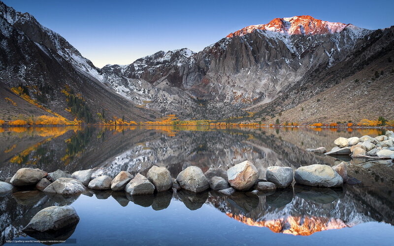 Mountain Lake Reflection — Blue, Serene, Sunset, Photograph, Mountains, Rocks, Trees