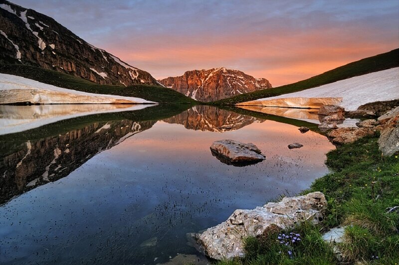 Mountain Lake Reflection — Blue, Serene, Sunset, Photograph, Mountains, Snow