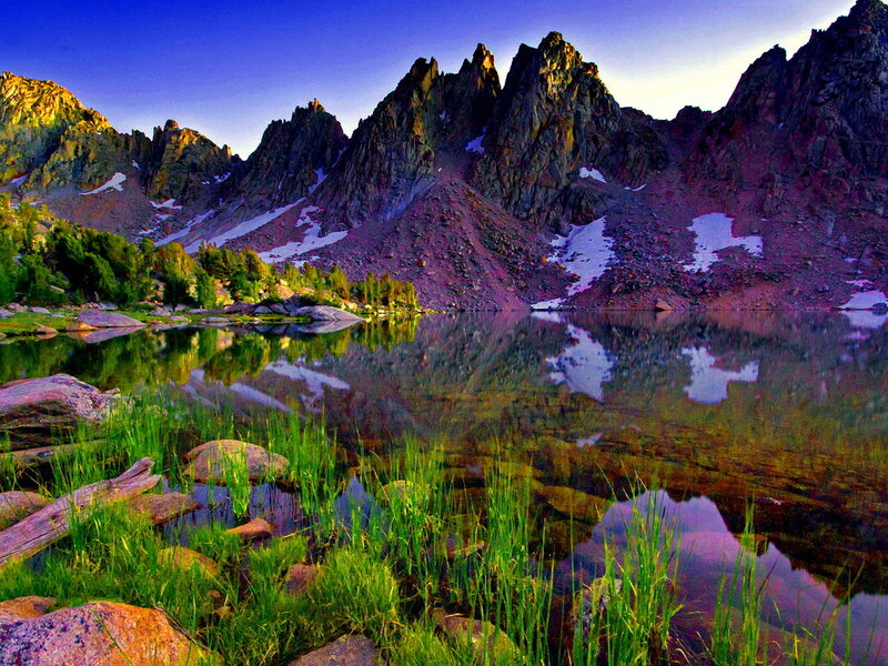 Mountain Lake Reflection — Blue, Serene, Sunset, Photograph, Mountains, Snow, Trees