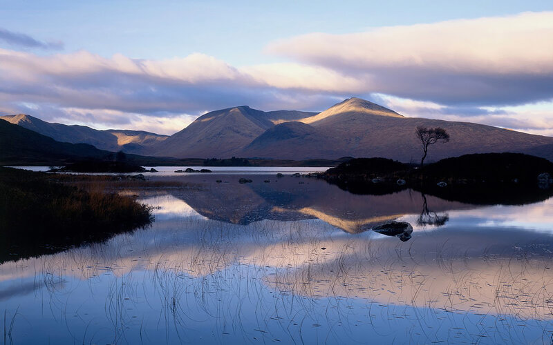 Mountain Lake Reflection — Blue, Serene, Sunset, Photograph, Mountains, Tree, Clouds, Brown, White