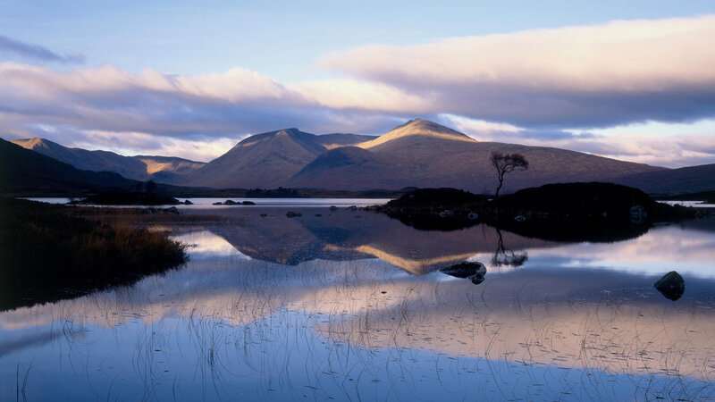 Mountain Lake Reflection — Blue, Serene, Sunset, Photograph, Mountains, Tree, Clouds