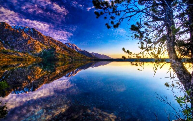Mountain Lake Reflection — Blue, Serene, Sunset, Photograph, Mountains, Tree, Sky
