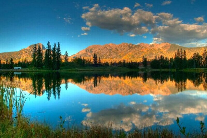 Mountain Lake Reflection — Blue, Serene, Sunset, Photograph, Mountains, Trees, Clouds