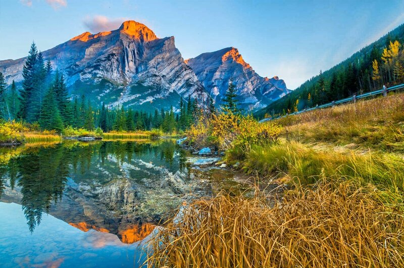 Mountain Lake Reflection — Blue, Serene, Sunset, Photograph, Mountains, Trees, Grass