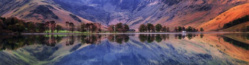 Mountain Lake Reflection — Blue, Serene, Sunset, Photograph, Mountains, Trees, Orange, Green