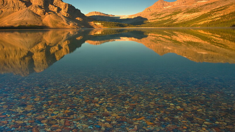 Mountain Lake Reflection — Blue, Serene, Sunset, Photograph, Mountains, Trees, Pebbles