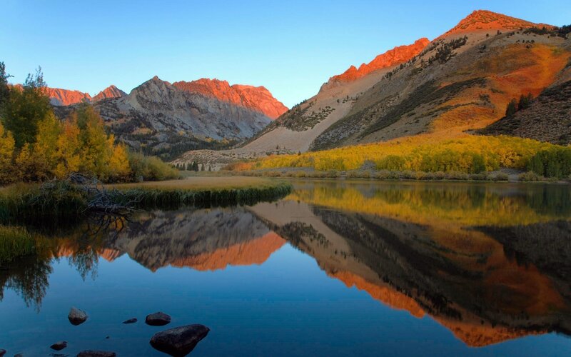 Mountain Lake Reflection — Blue, Serene, Sunset, Photograph, Mountains, Trees, River