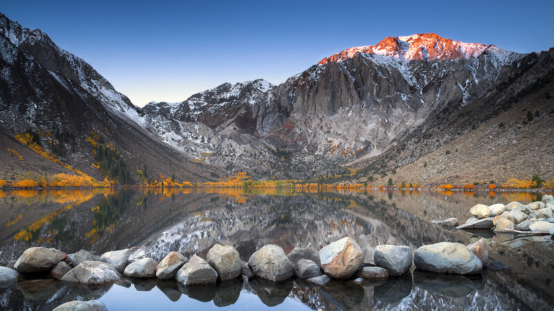 Mountain Lake Reflection — Blue, Serene, Sunset, Photograph, Mountains, Trees, Rocks