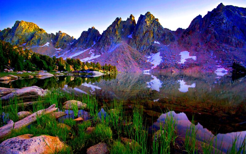 Mountain Lake Reflection — Blue, Serene, Sunset, Photograph, Mountains, Trees, Snow