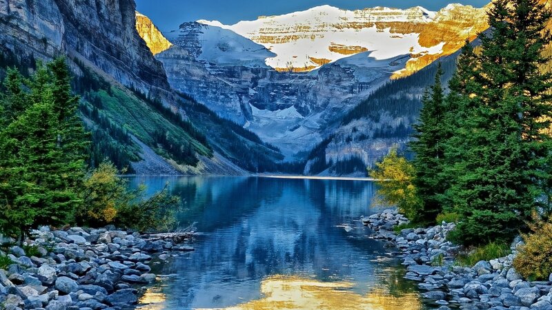 Mountain Lake Reflection — Blue, Serene, Sunset, Photograph, Pine Trees