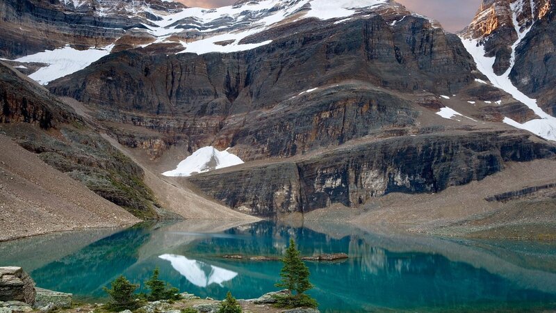 Mountain Lake Reflection — Blue, Serene, Sunset, Photograph, Snow