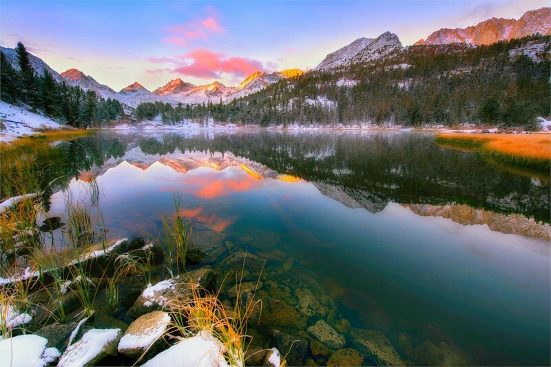 Mountain Lake Reflection — Blue, Serene, Sunset, Photograph, Snow, Trees, Mountains